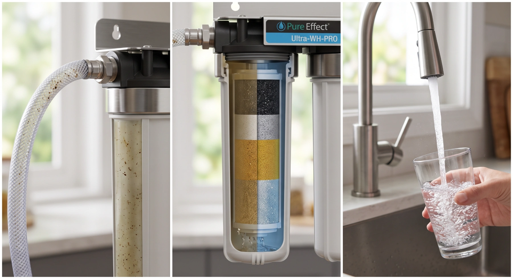 The Pure Effect Ultra-WH-PRO whole-house filter: sediment captured, the multi-stage media cartridge, and pure water at the tap