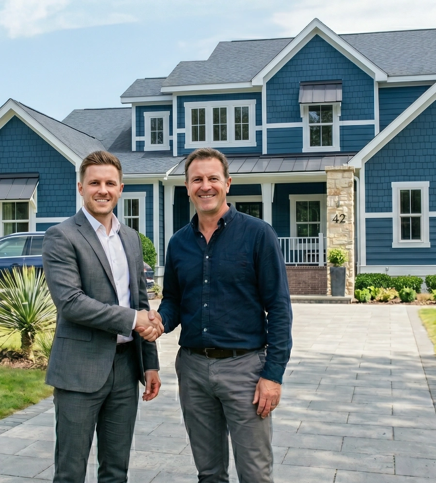 A Healthy Home Rx specialist shaking hands with a home builder in front of a newly built Charleston home