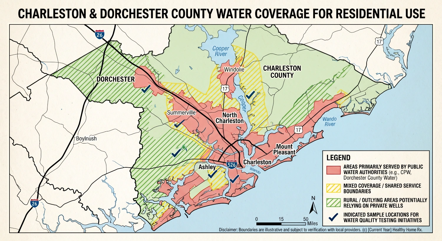 Charleston and Dorchester County residential water coverage map, showing public water authority areas, mixed coverage, and rural areas relying on private wells