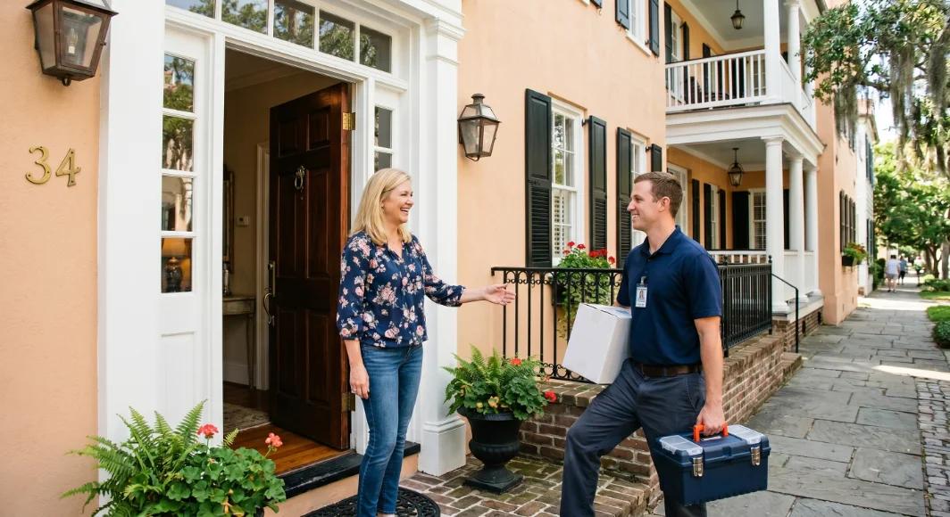 A Charleston homeowner welcoming a Healthy Home Rx installer to her front door