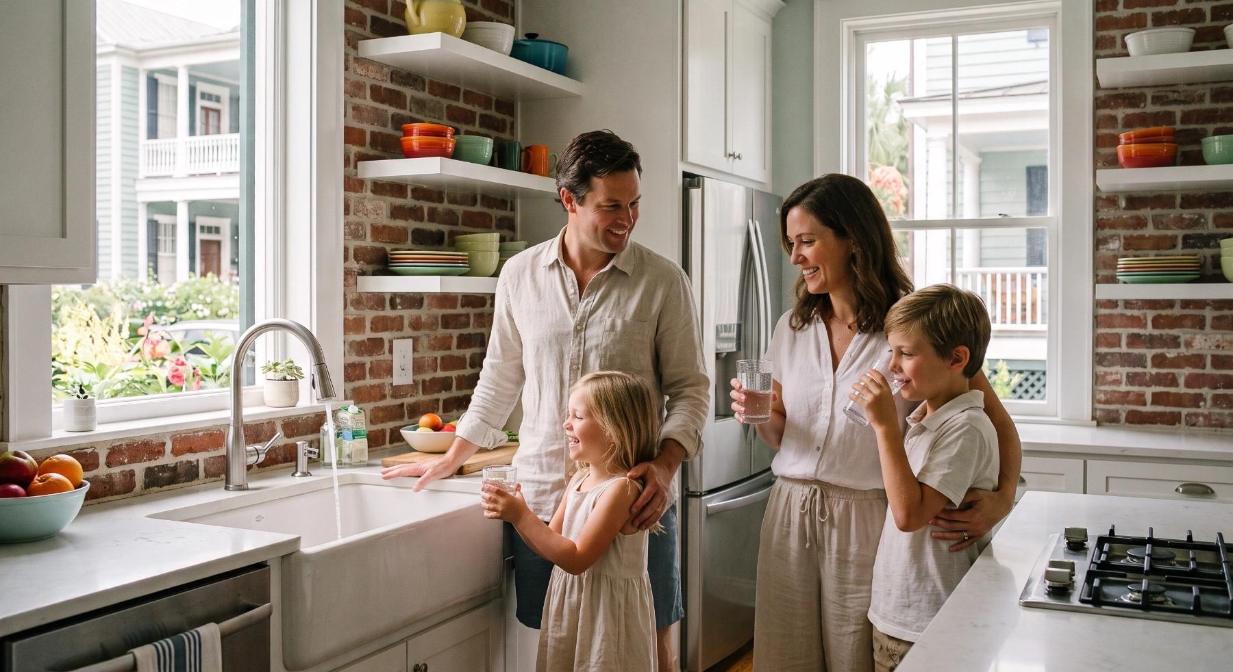 A Charleston family enjoying clean, filtered water together in their kitchen